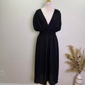 Black Plunge V-Neck Smocked Waist Midi Dress Back Tie - Size 3XL